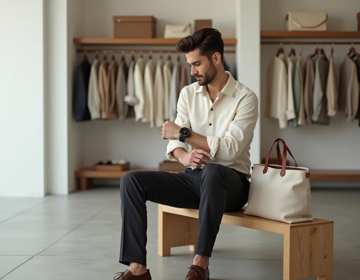 Homme assis dans une boutique moderne ajustant sa montre en cuir, entouré d'accessoires masculins tendance 2024 : sac tote et mocassins à semelle épaisse