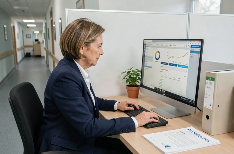 Administratrice d'EHPAD configurant le logiciel Netsoins sur un ordinateur de bureau dans un bureau médico-social