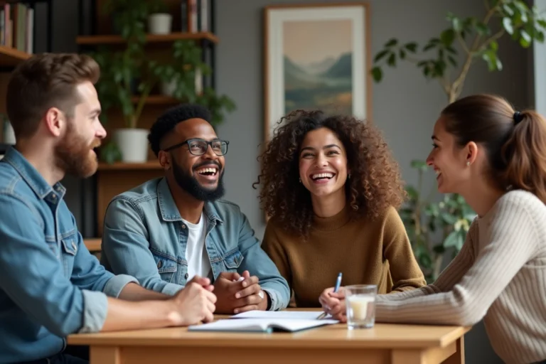 Groupe d'amis surpris autour d'une table moderne