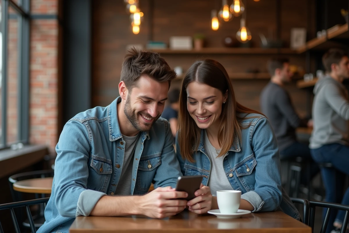 Deux amis comparant des sites de paris en ligne sur un smartphone dans un café moderne