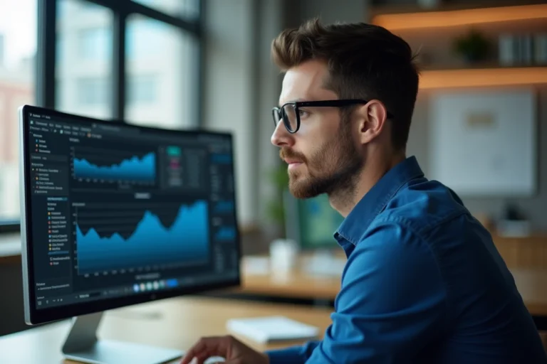 Jeune homme en analyse de données dans un bureau moderne
