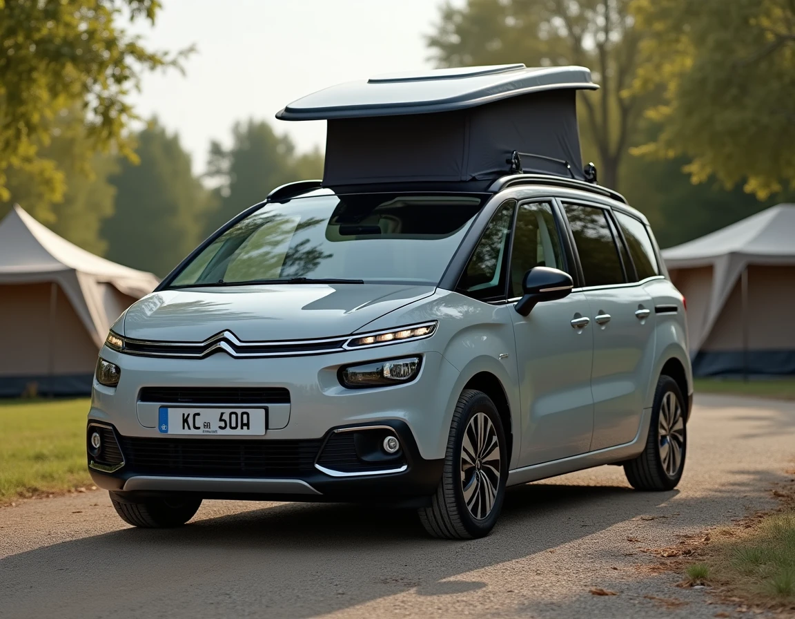 Citroën C4 SpaceTourer gris garé dans un camping avec toit panoramique visible, vue trois-quarts arrière