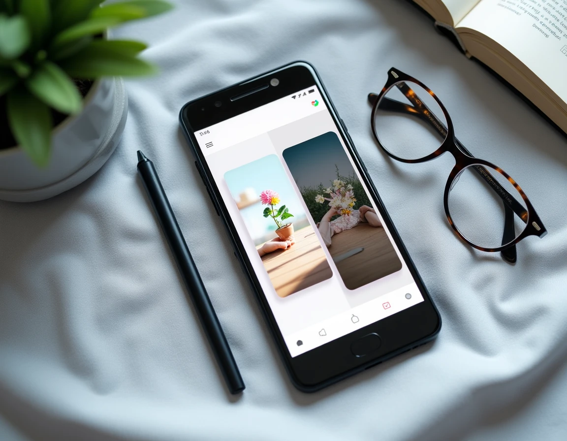 Vue à plat d'un smartphone Android montrant Google Photos et la galerie native côte à côte sur un bureau minimaliste