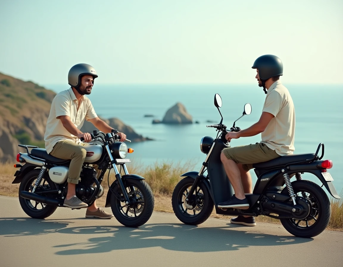 Comparatif Honda Dax 125 et Yamaha Chappy 125 côte à côte sur une route côtière avec un motard en tenue décontractée