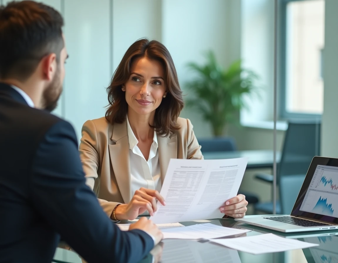 Femme discutant des taux d'emprunt avec un conseiller bancaire pour un compromis de vente