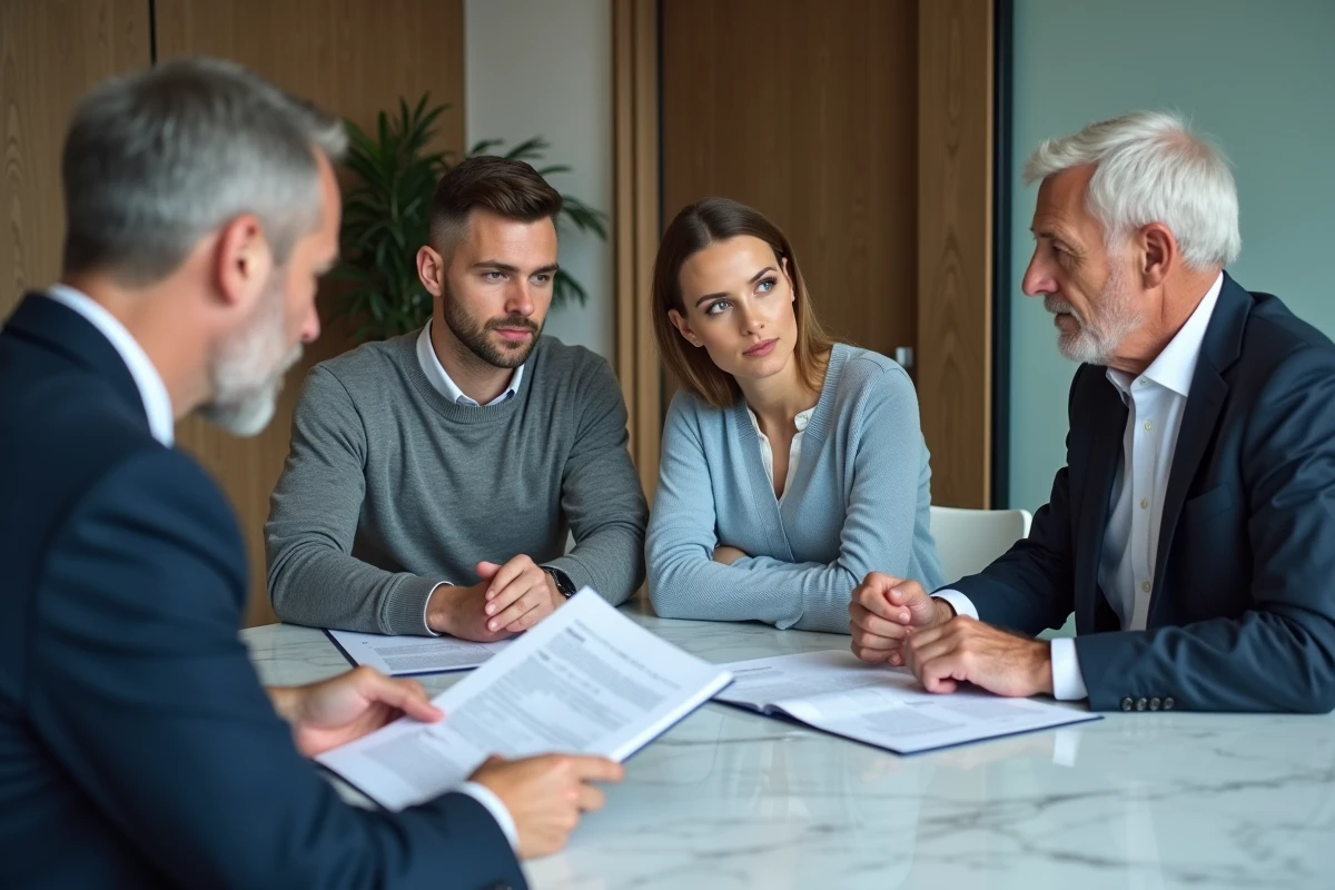 Jeune couple et notaire examine un document financier