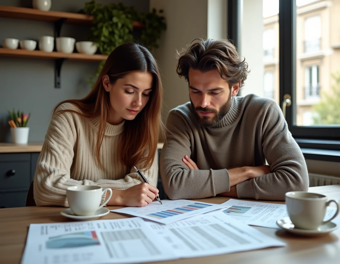 Couple étudiant les taux d'intérêt d'un compromis de vente immobilier à leur domicile
