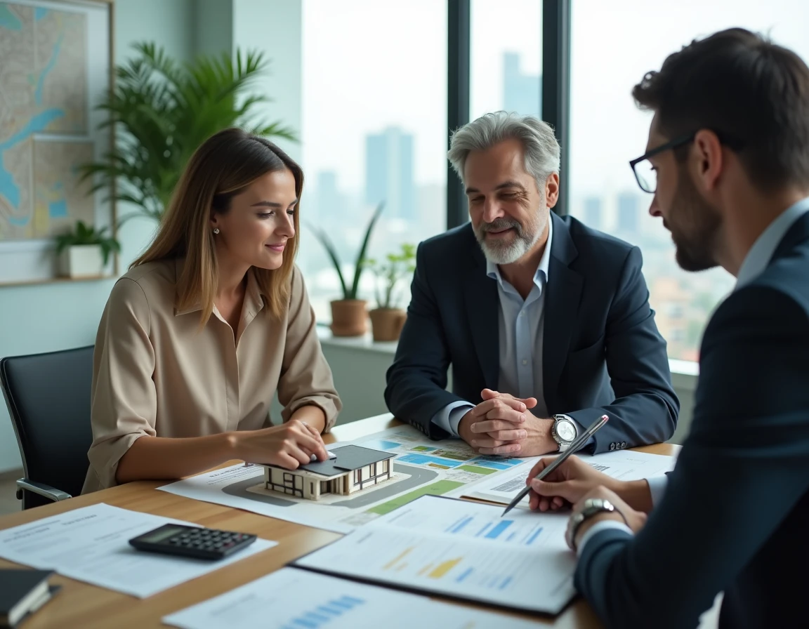 Couple d'investisseurs discutant de stratégie locative avec un agent immobilier autour d'un tableau de rentabilité