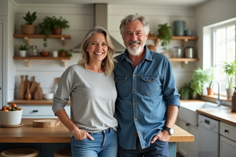 Couple souriant dans une cuisine rustique moderne