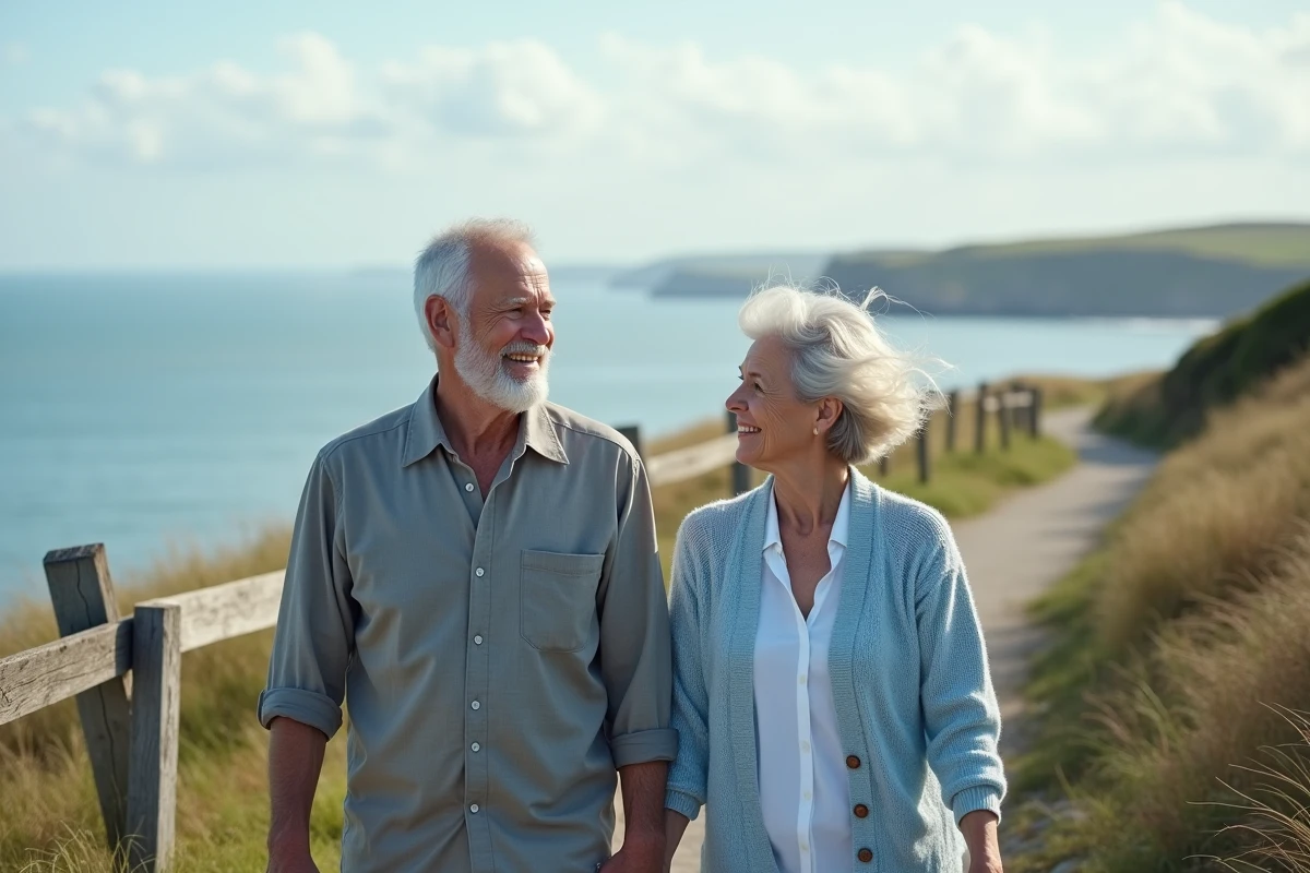 Couple de retraités marchant main dans la main sur un sentier côtier, symbolisant l'amour et la liberté à 70 ans