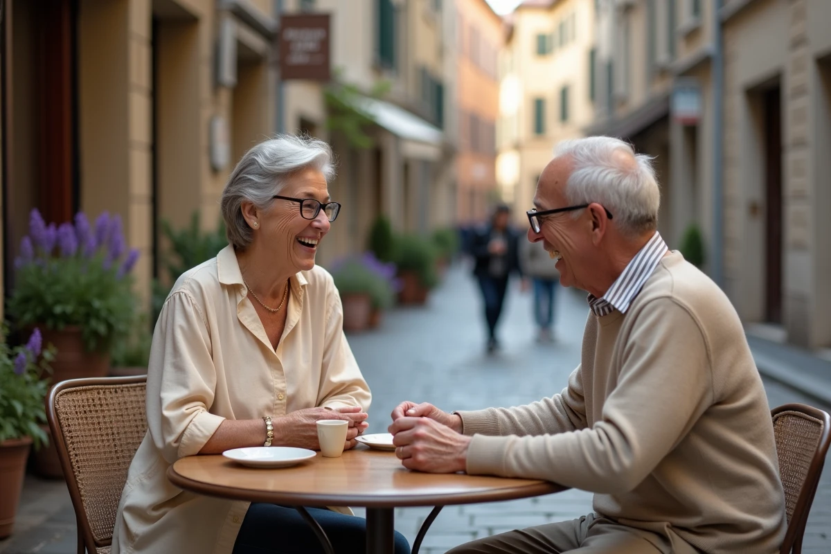 Couple de seniors amoureux partageant un repas dans un café en plein air d'un village européen