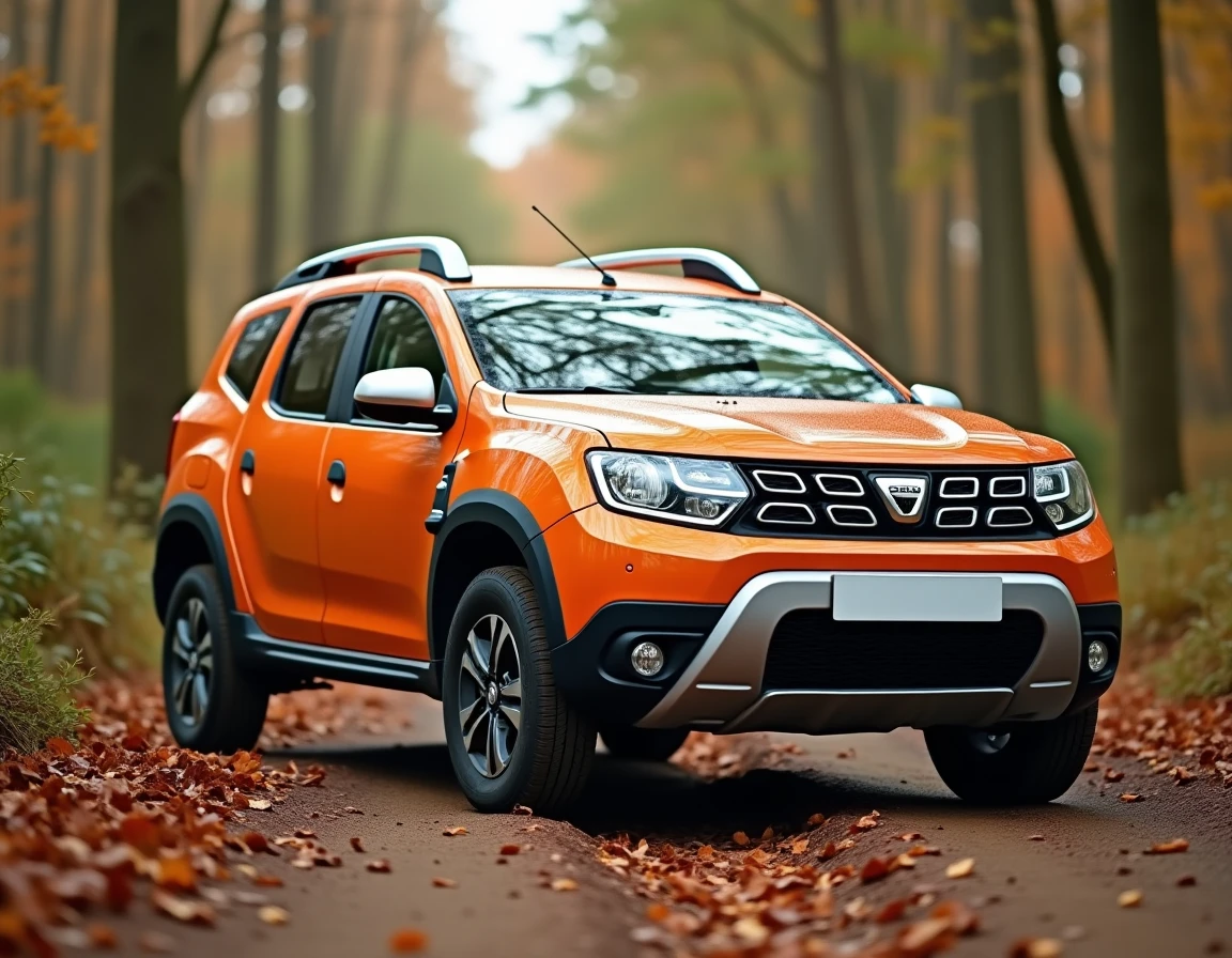 Dacia Jogger orange garé sur un chemin de terre en lisière de forêt, vue trois-quarts avant