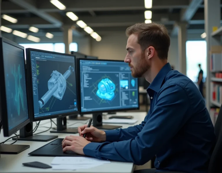 Dessinateur CAO DAO travaillant sur des plans techniques en 3D sur un poste de travail d'ingénierie avec double écran dans un bureau moderne