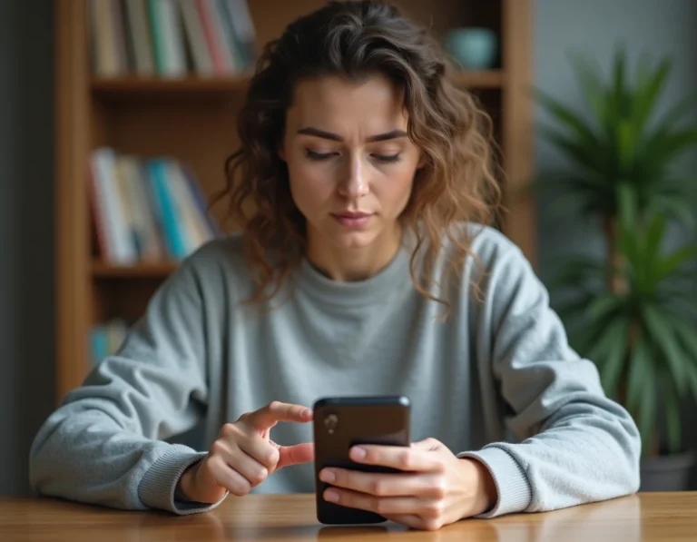 Femme consultant les paramètres Android sur son smartphone pour dissocier Google Photos de la galerie