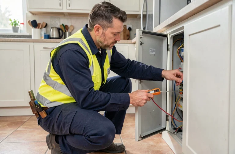 Électricien professionnel inspectant un tableau électrique dans une cuisine résidentielle moderne