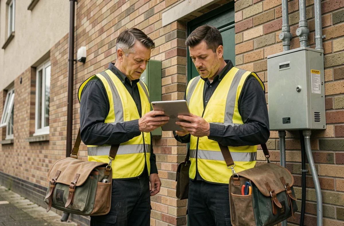 Deux électriciens professionnels consultant un bon de travail devant un bâtiment résidentiel