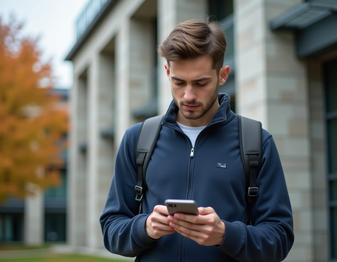 Étudiant vérifiant ses emails universitaires UGA sur smartphone devant un bâtiment du campus en automne