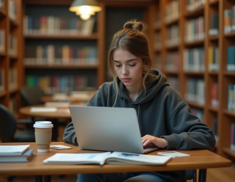 Étudiante de l'UGA consultant sa messagerie universitaire sur un ordinateur portable dans une bibliothèque moderne