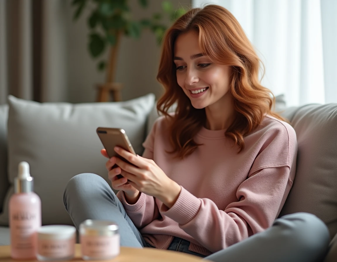 Femme découvrant sur son téléphone le retrait de JLo Beauty chez Sephora France, avec des produits de la marque posés sur sa table basse