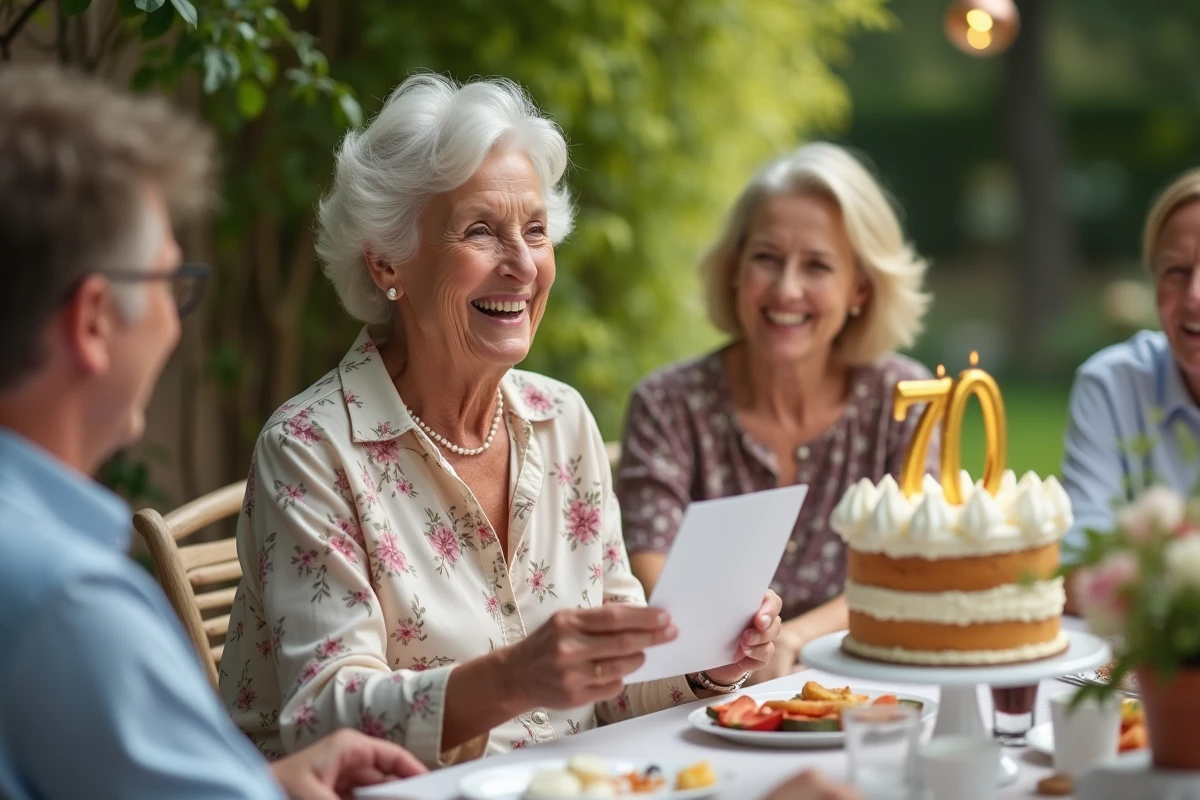 Femme de 70 ans souriante tenant une carte d'anniversaire entourée d'amis lors d'une fête en plein air