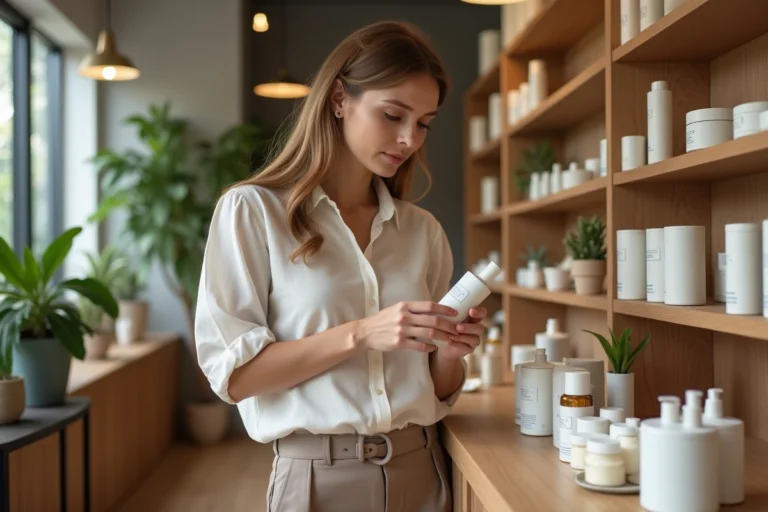 Femme élégante choisissant des produits de beauté naturels en boutique