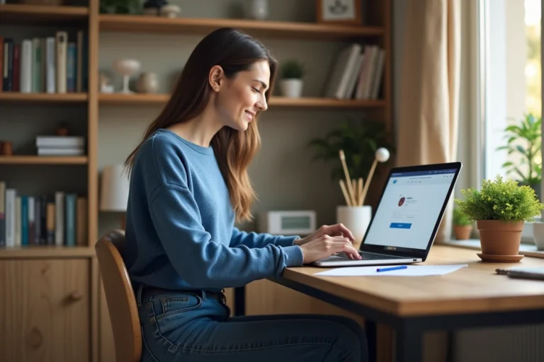Jeune femme au bureau utilisant son ordinateur portable