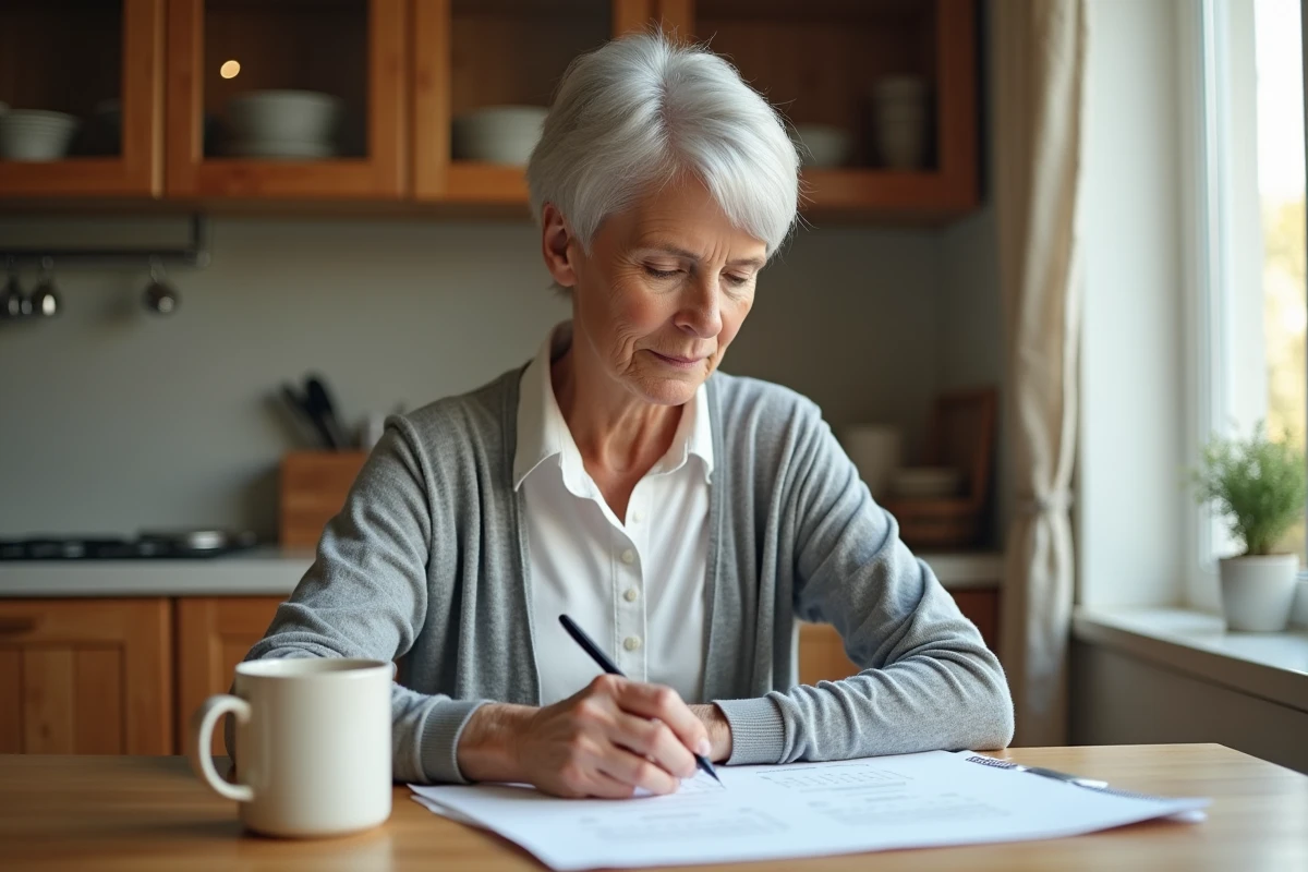 Femme d'âge mûr consultant un calendrier de pensions d'invalidité imprimé à sa table de cuisine