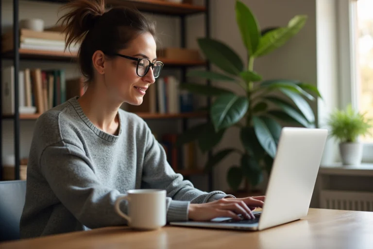 Femme consultant sa facture Carrefour en ligne sur un ordinateur portable depuis son bureau à domicile