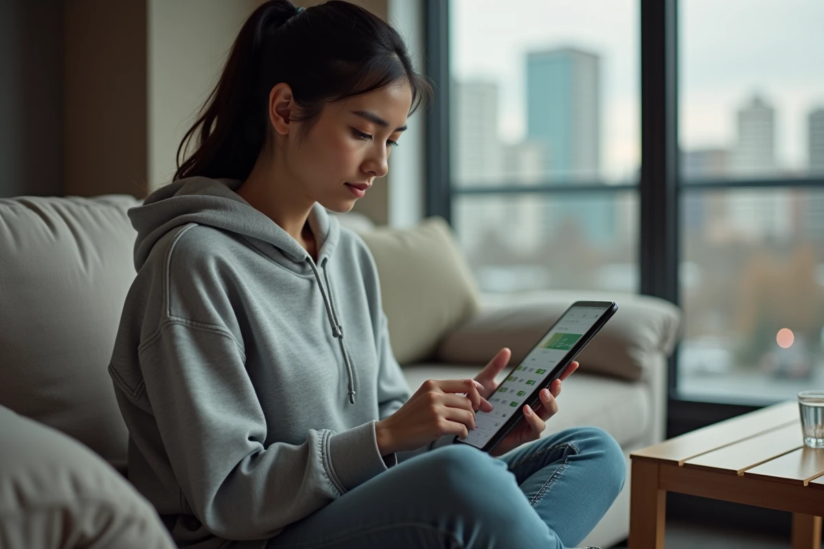 Femme consultant un site de paris sportifs sur une tablette dans un salon confortable