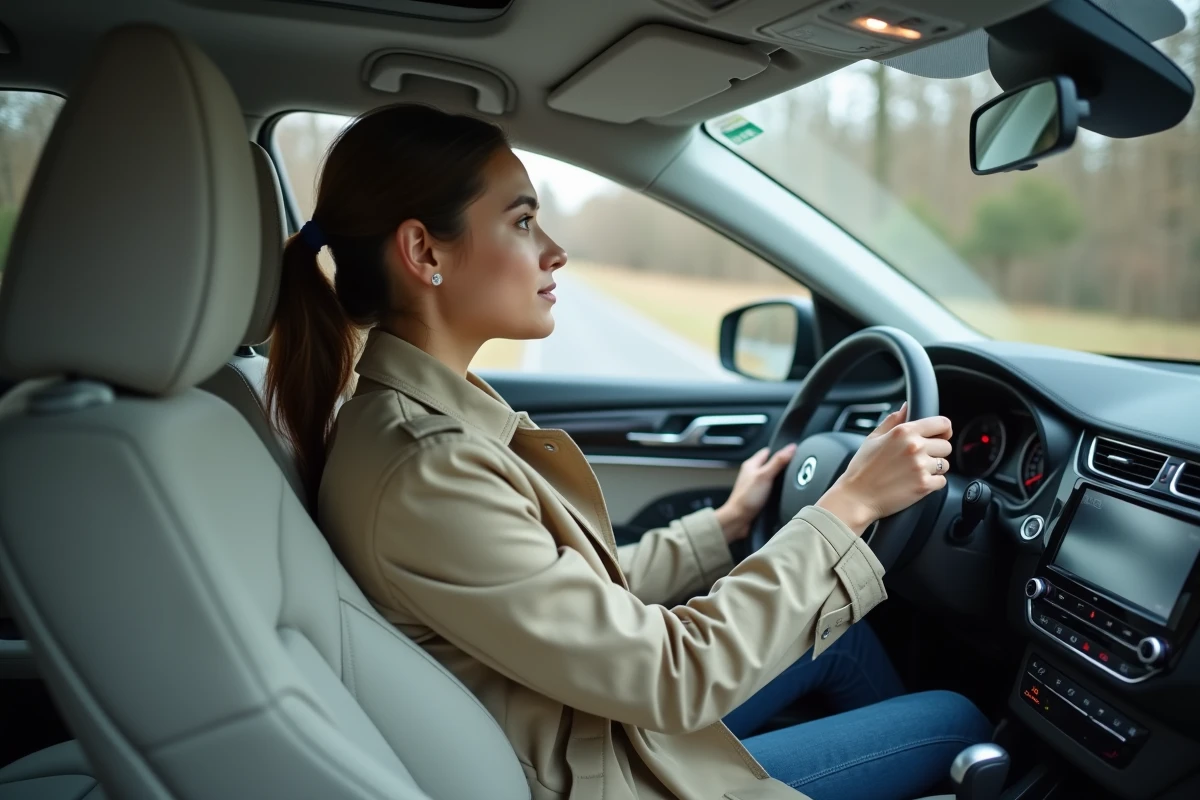 Jeune femme en trench-coat beige au volant d'un SUV lors d'un essai de conduite en milieu urbain