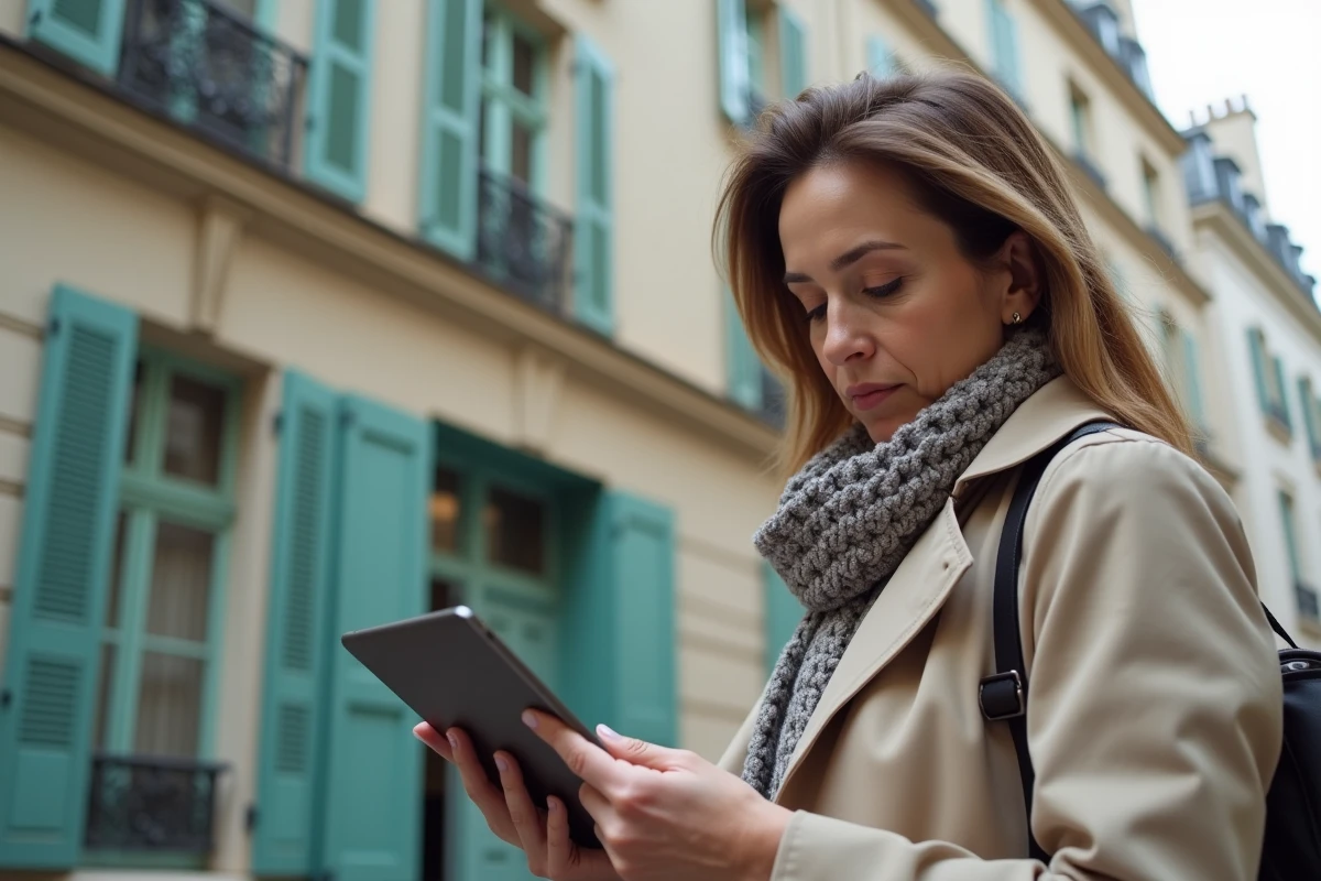 Femme confiante en trench regardant des annonces immobilières