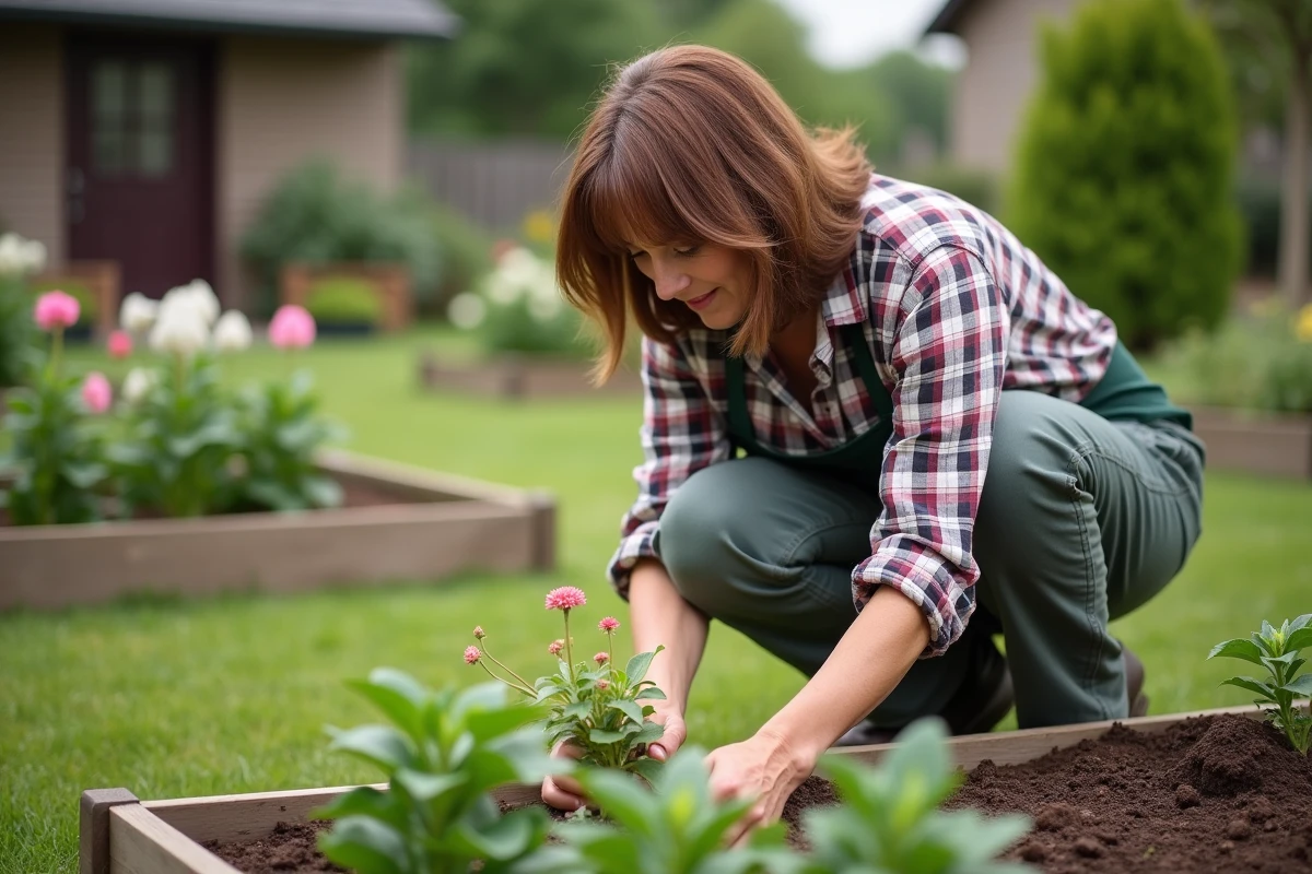 Femme plantant des fleurs dans un jardin verdoyant