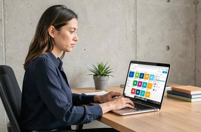 Femme utilisant un logiciel informatique sur un ordinateur portable dans un bureau moderne et bien organisé