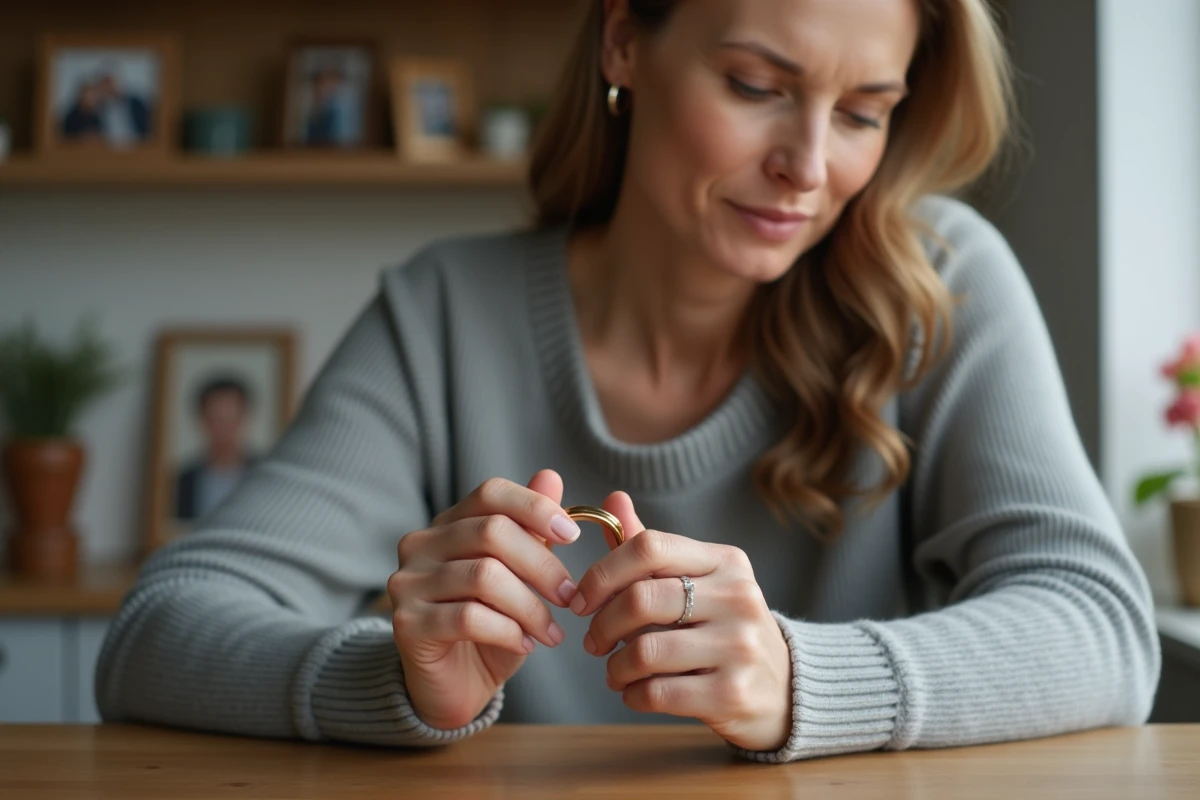 Femme réfléchie tenant une bague en or dans ses mains