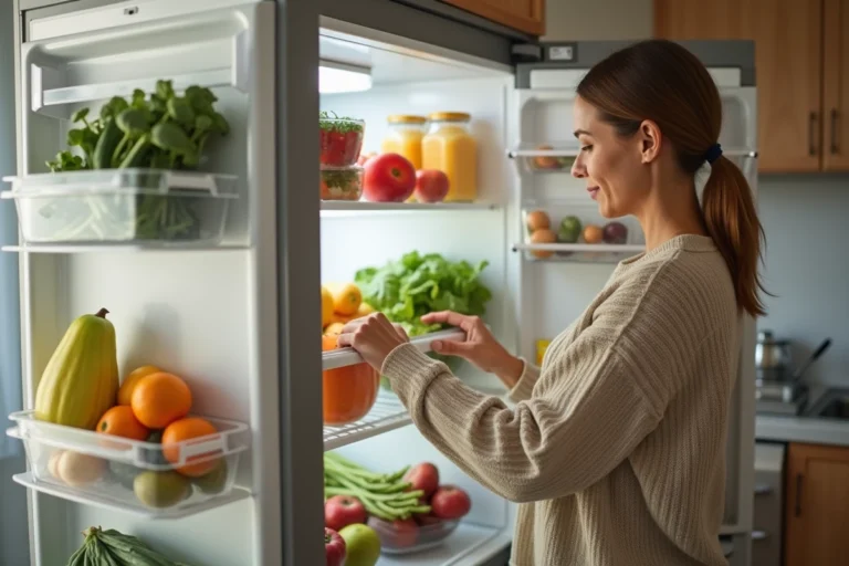 Femme organisée fruits et légumes dans le frigo moderne