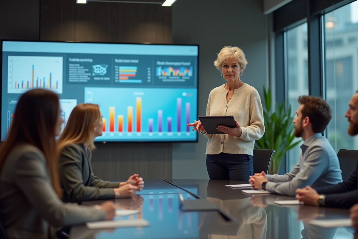 Femme présentant des graphiques web à une réunion moderne