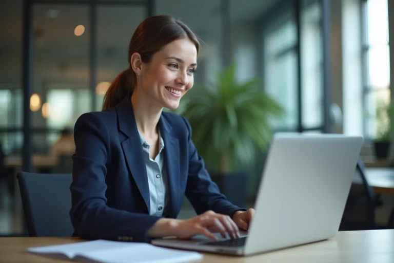 Femme d'affaires utilisant un ordinateur dans un bureau moderne