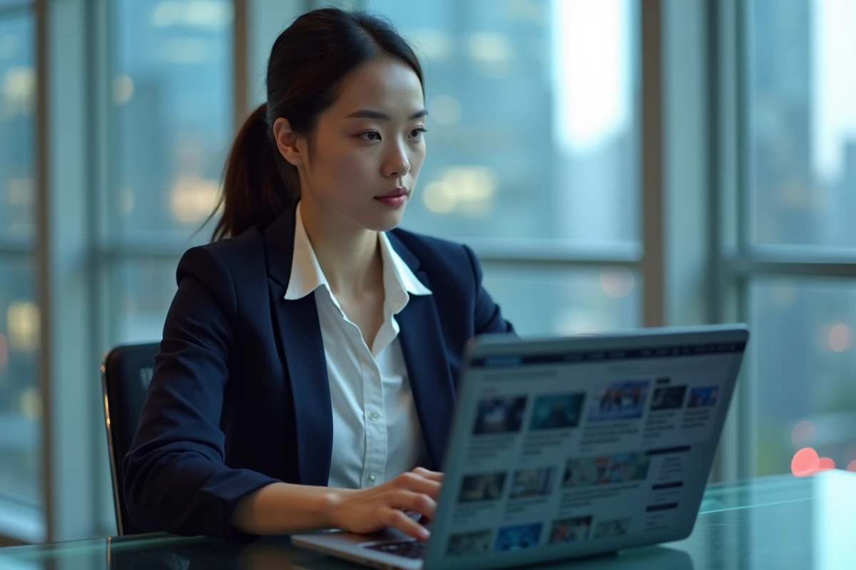 Jeune femme en bureau moderne travaillant sur son ordinateur