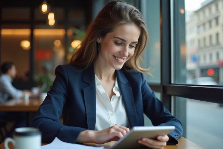 Jeune femme en blazer bleu regardant une tablette en café