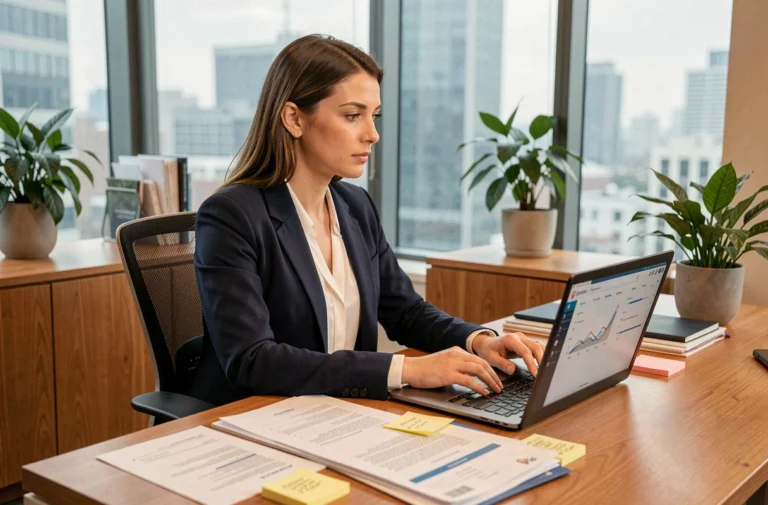 Femme professionnelle travaillant sur un ordinateur portable avec des outils bureautiques pour booster sa productivité au bureau