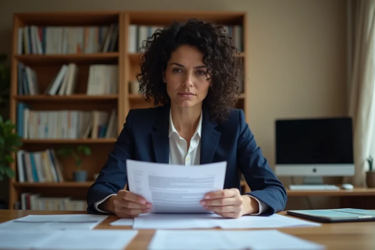 Femme consultant des documents administratifs après un refus de logement social à son bureau