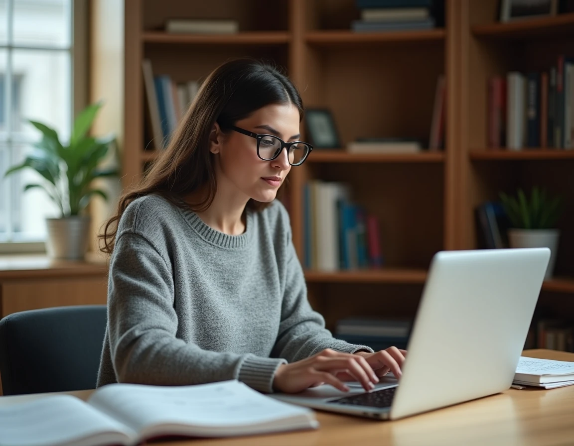 Femme consultant des ressources en finance sur un ordinateur portable dans un bureau à domicile bien organisé