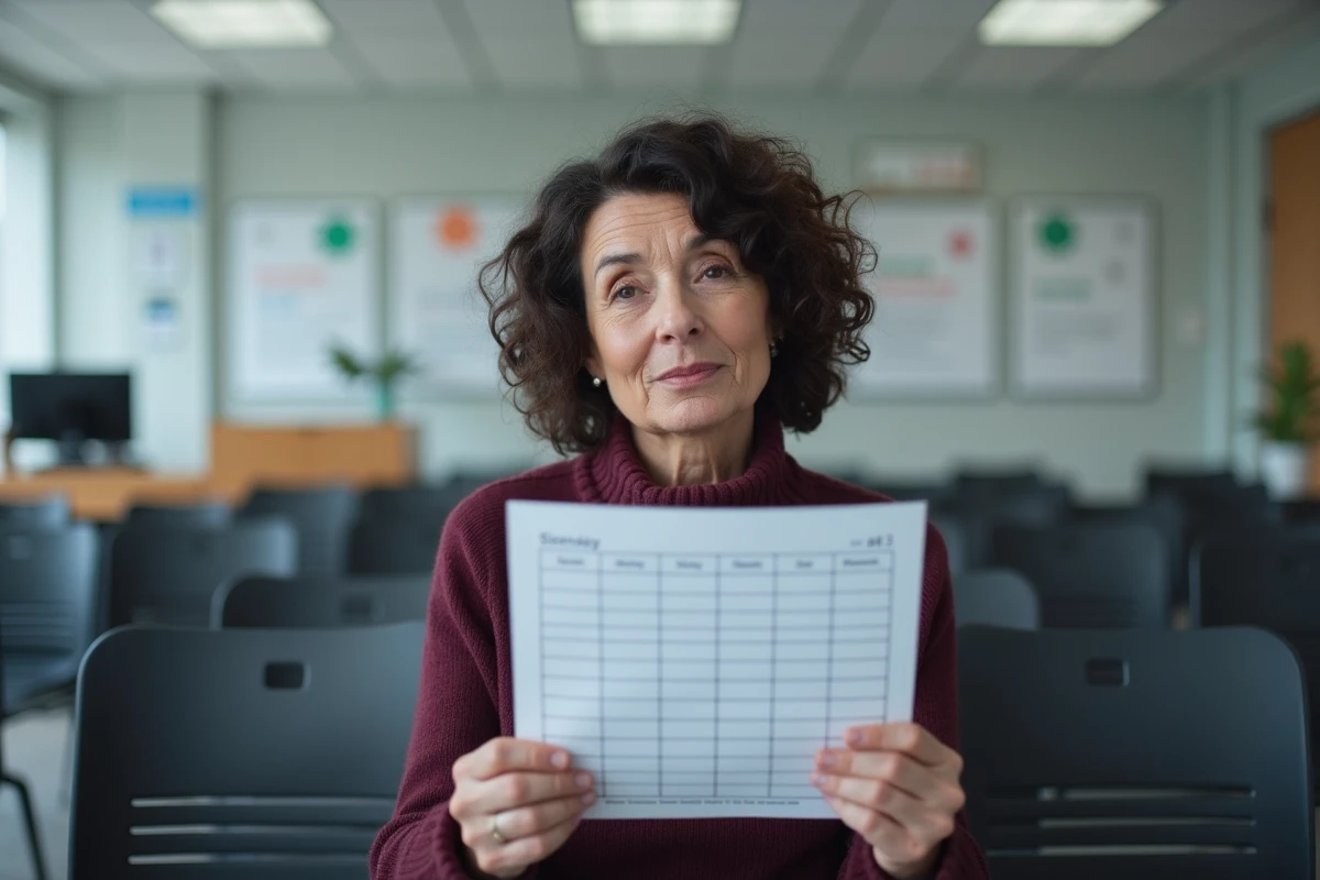 Femme en salle d'attente administrative tenant une feuille imprimée du calendrier mensuel des pensions d'invalidité