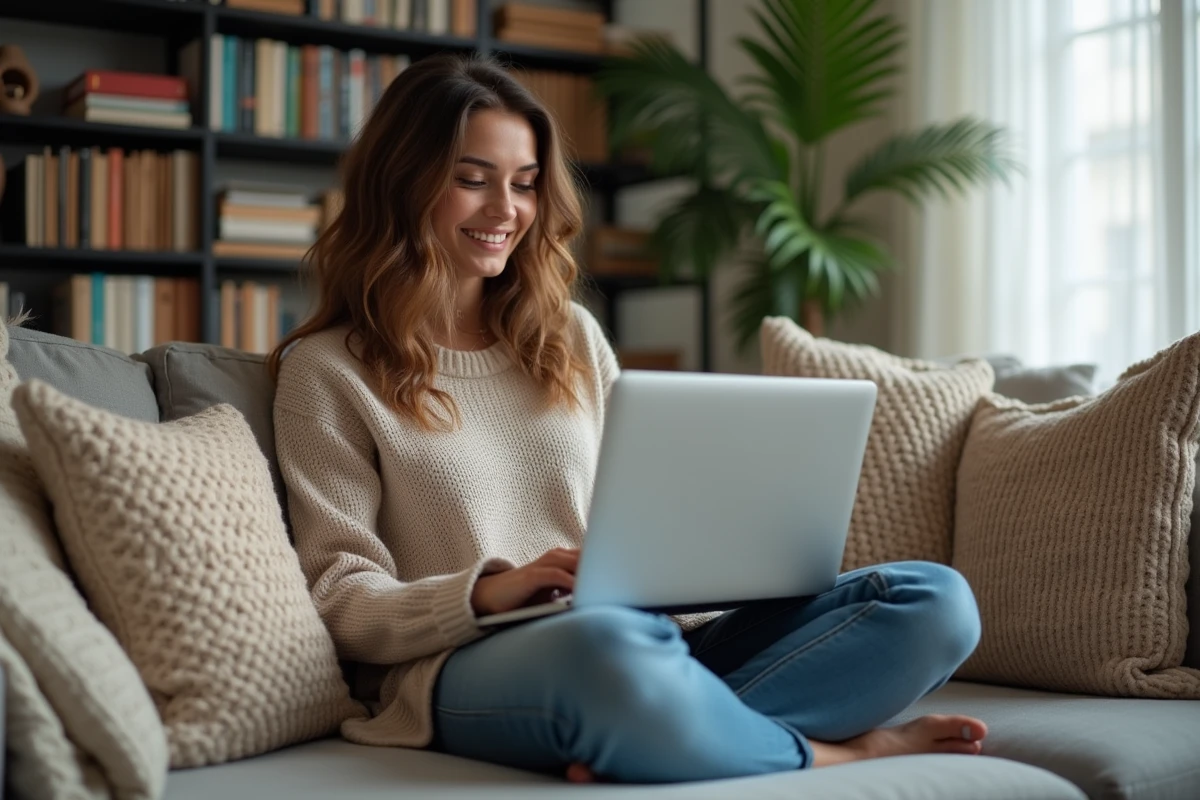Jeune femme souriante regardant un ordinateur dans un salon cosy