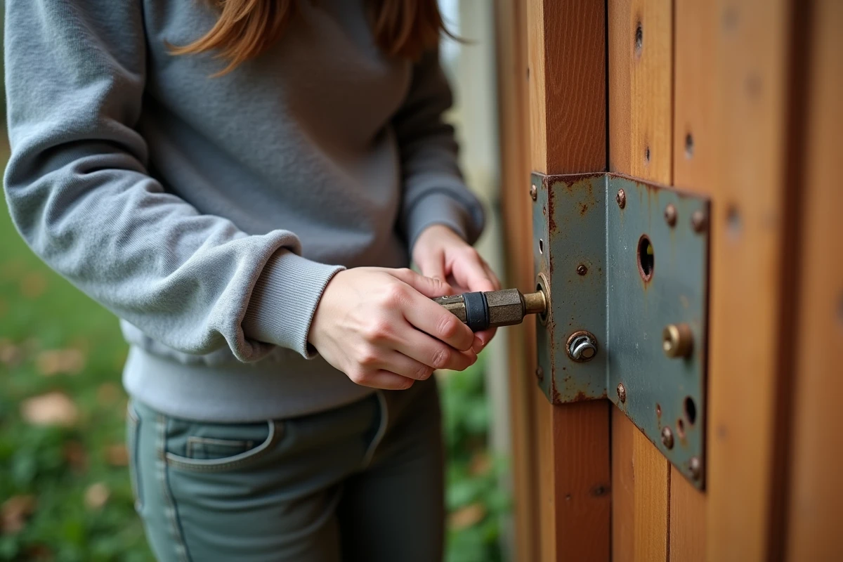 Jeune femme bloquant la serrure d’un cabanon de jardin