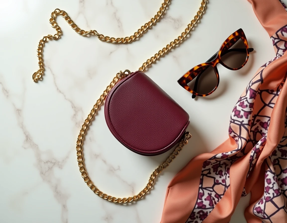 Flat lay d'accessoires de mode tendance 2024 sur marbre blanc : collier chaîne dorée, sac croisé bordeaux, lunettes écaille et foulard en soie