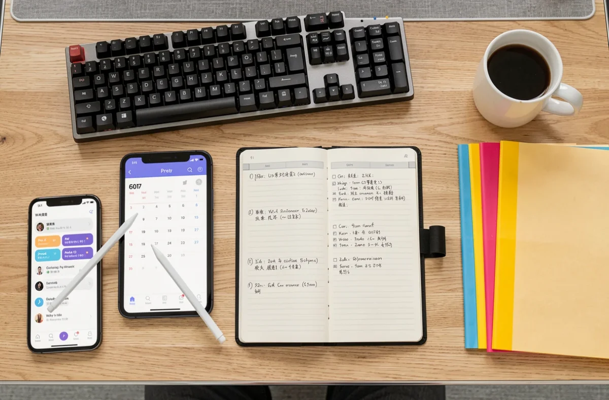 Vue aérienne d'un bureau organisé avec clavier, tablette, planificateur et outils bureautiques essentiels pour la productivité