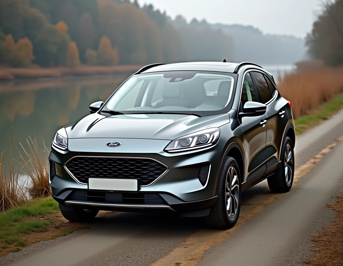 Ford Kuga hybride gris magnétique garé le long d'un chemin de berge, vue trois-quarts avant
