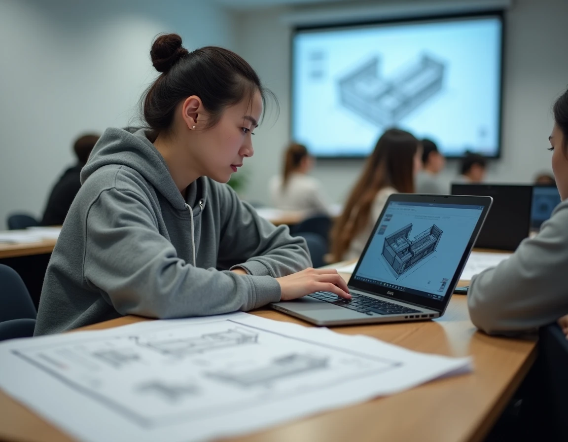 Étudiante en formation dessinatrice CAO DAO consultant des plans techniques et un logiciel de CAO dans une salle de cours professionnelle