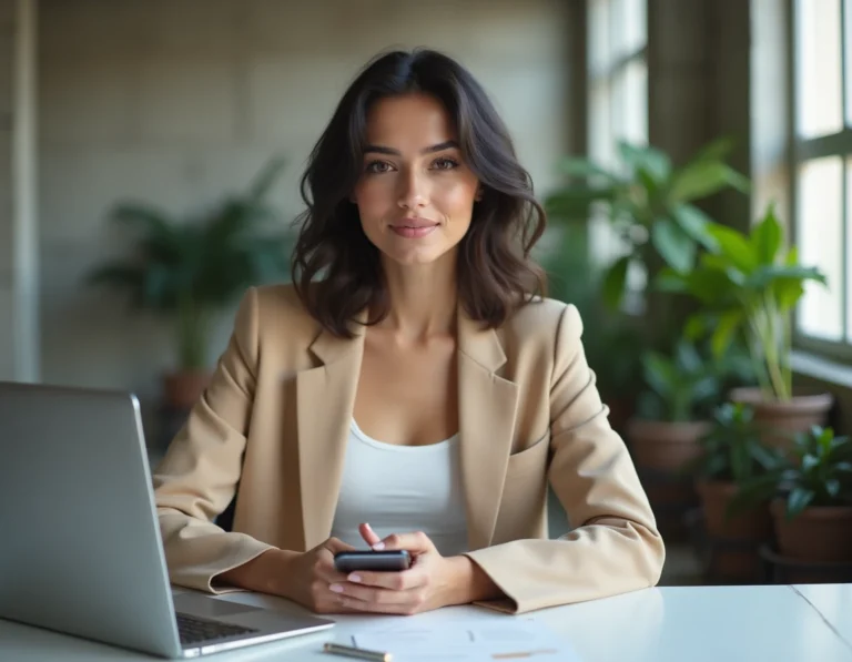 Jeune femme influenceuse assise à un bureau moderne dans un espace de coworking parisien, illustrant le succès entrepreneurial sur les réseaux sociaux